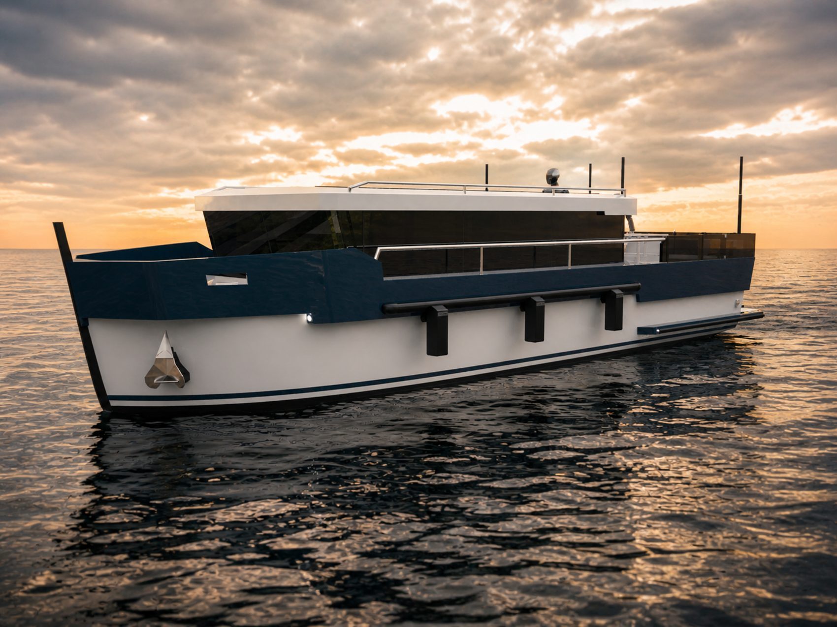 A motor yacht at anchor at sunset with Sentinel fenders deployed along the hull